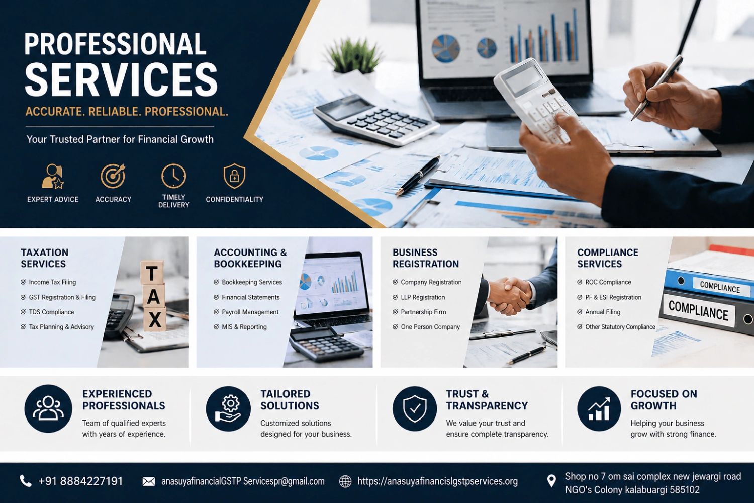 Professional financial services offering taxation, accounting, business registration, and compliance.