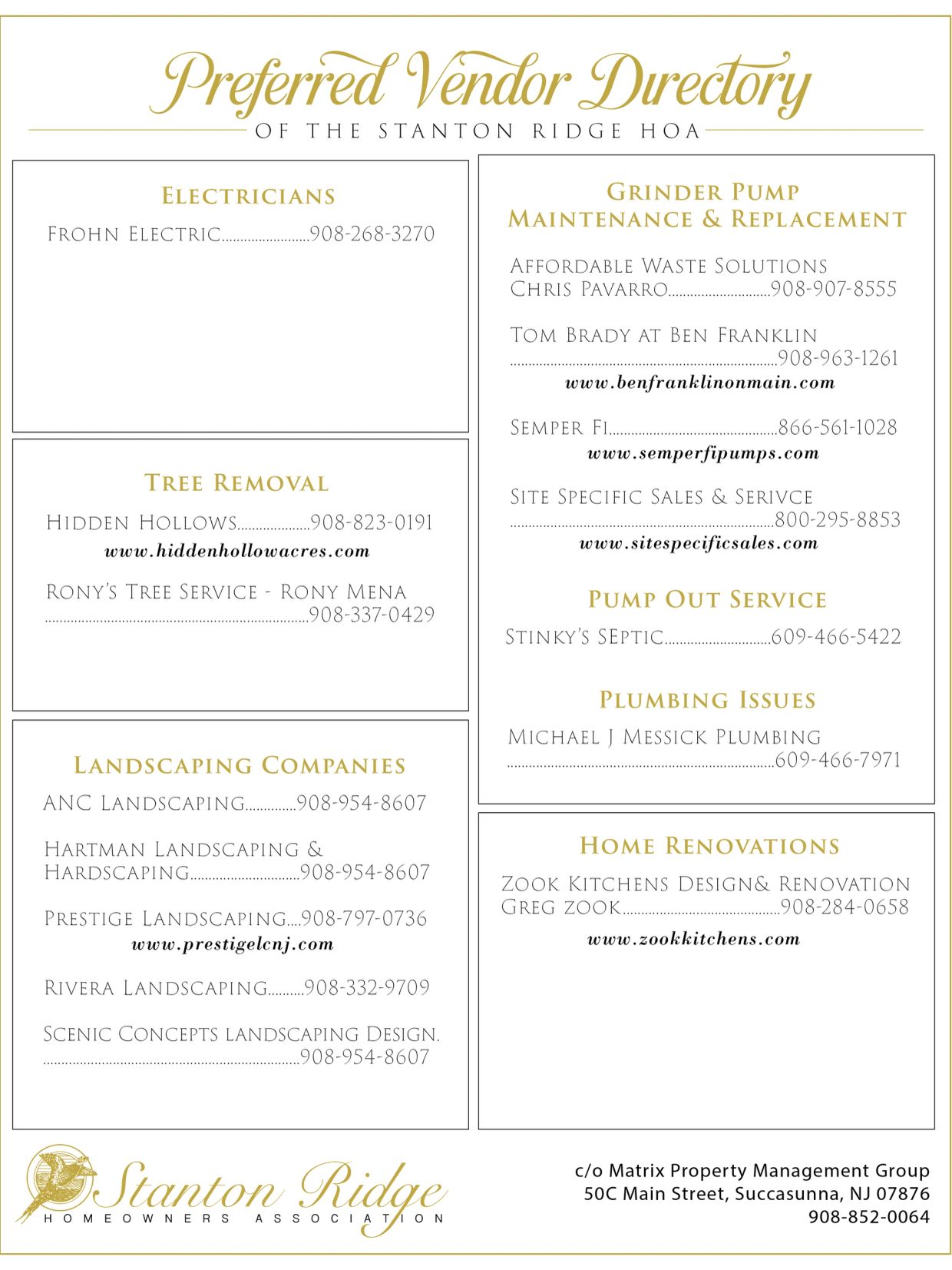 Directory of preferred vendors for various home services by Stanton Ridge HOA.