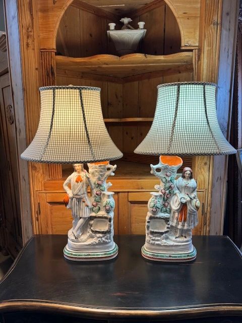 Pair Of Antique Staffordshire Custom Patricia Wood Lamps