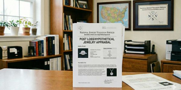Jewelry appraisal document on a desk in an office setting.