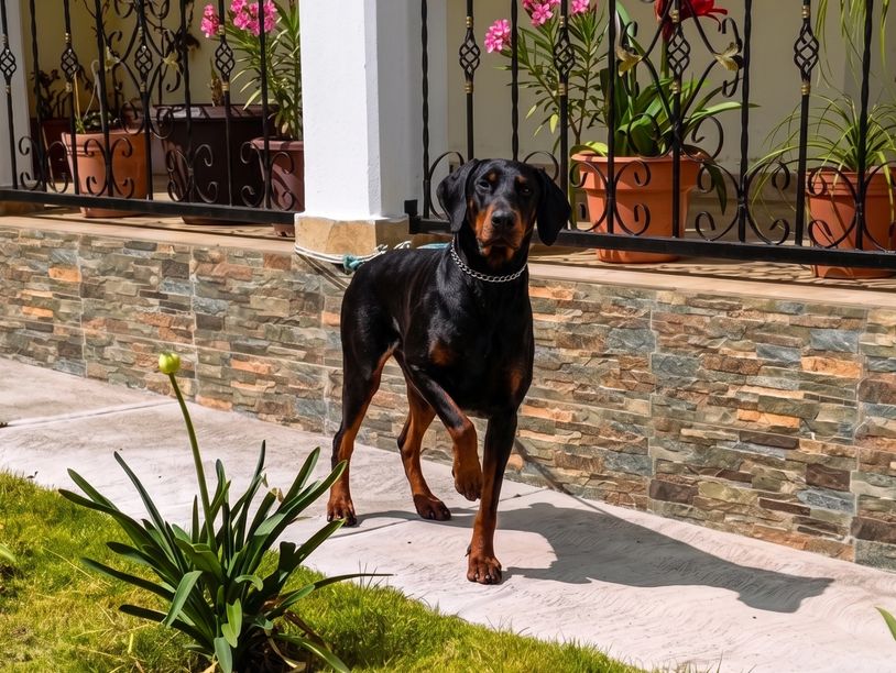 A Doberman dog standing on a patio near a garden with plants in pots.