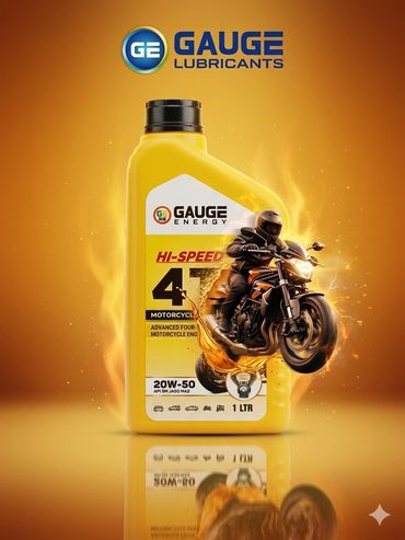 Motorcycle lubricant advertisement with a fiery effect.