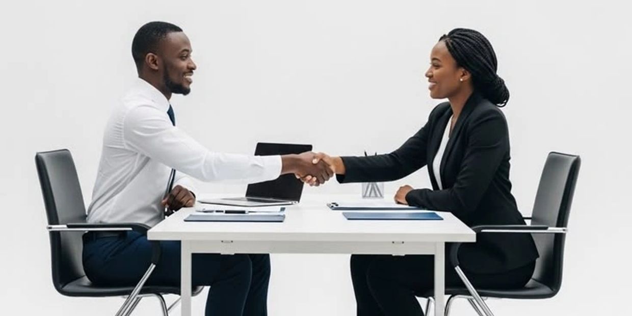 Two professionals shaking hands at a desk.