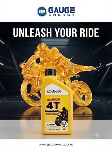 Motorcycle oil ad with a golden liquid motorcycle sculpture.