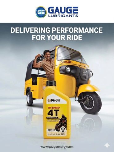 Advertisement for Gauge lubricants featuring a man with a yellow auto-rickshaw.