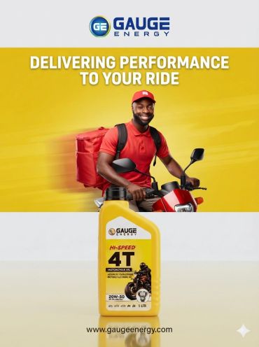 Delivery man on motorcycle with Gauge Energy lubricant.