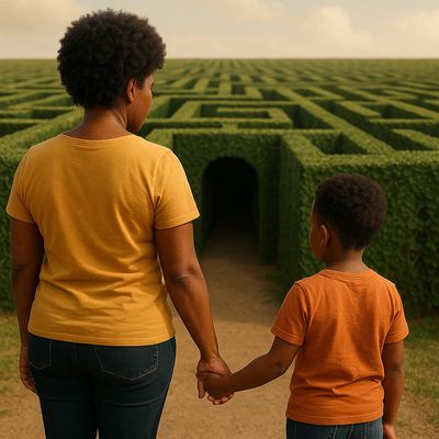 Mother and son holding hands, facing a hedge maze entrance.