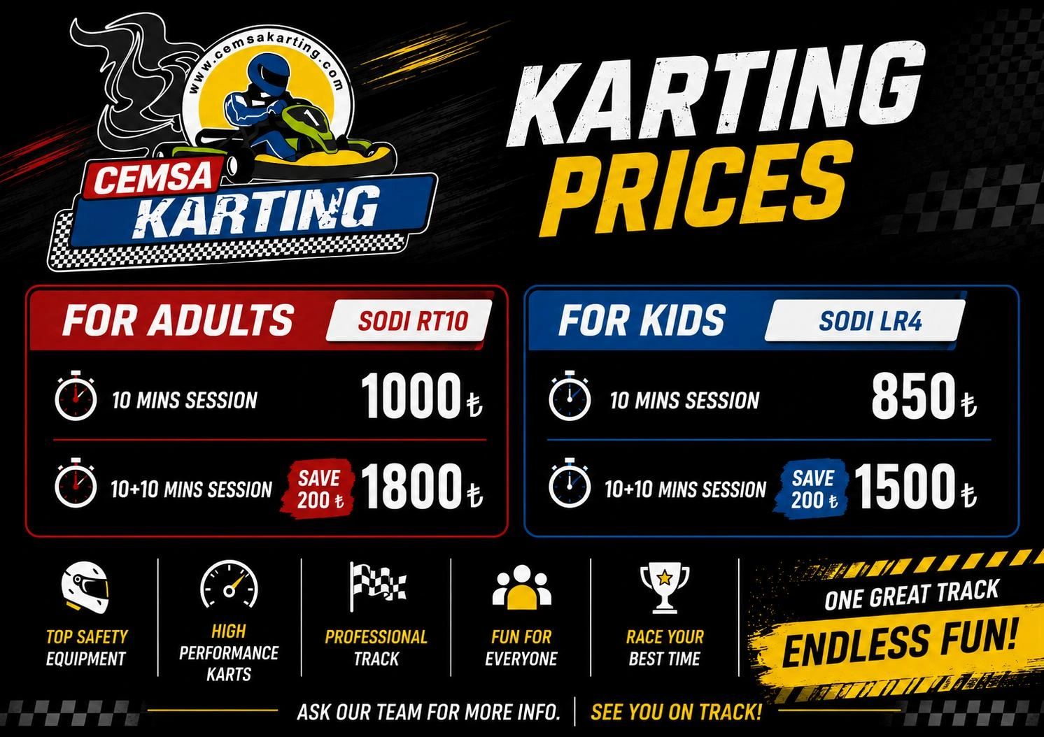 Karting prices for adults and kids at Cemsa Karting.