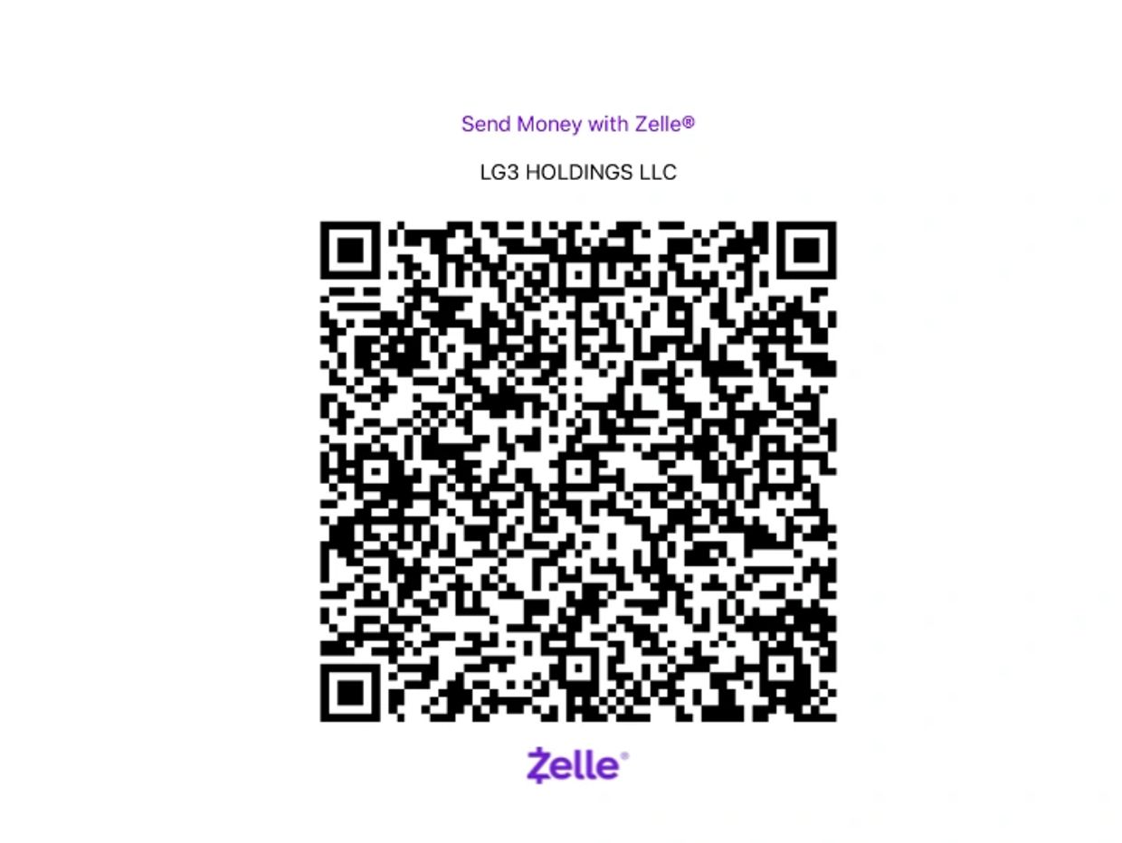 QR code for sending money to LG3 HOLDINGS LLC via Zelle.