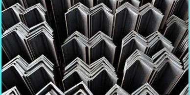 Stacked metal angle bars arranged in a geometric pattern.