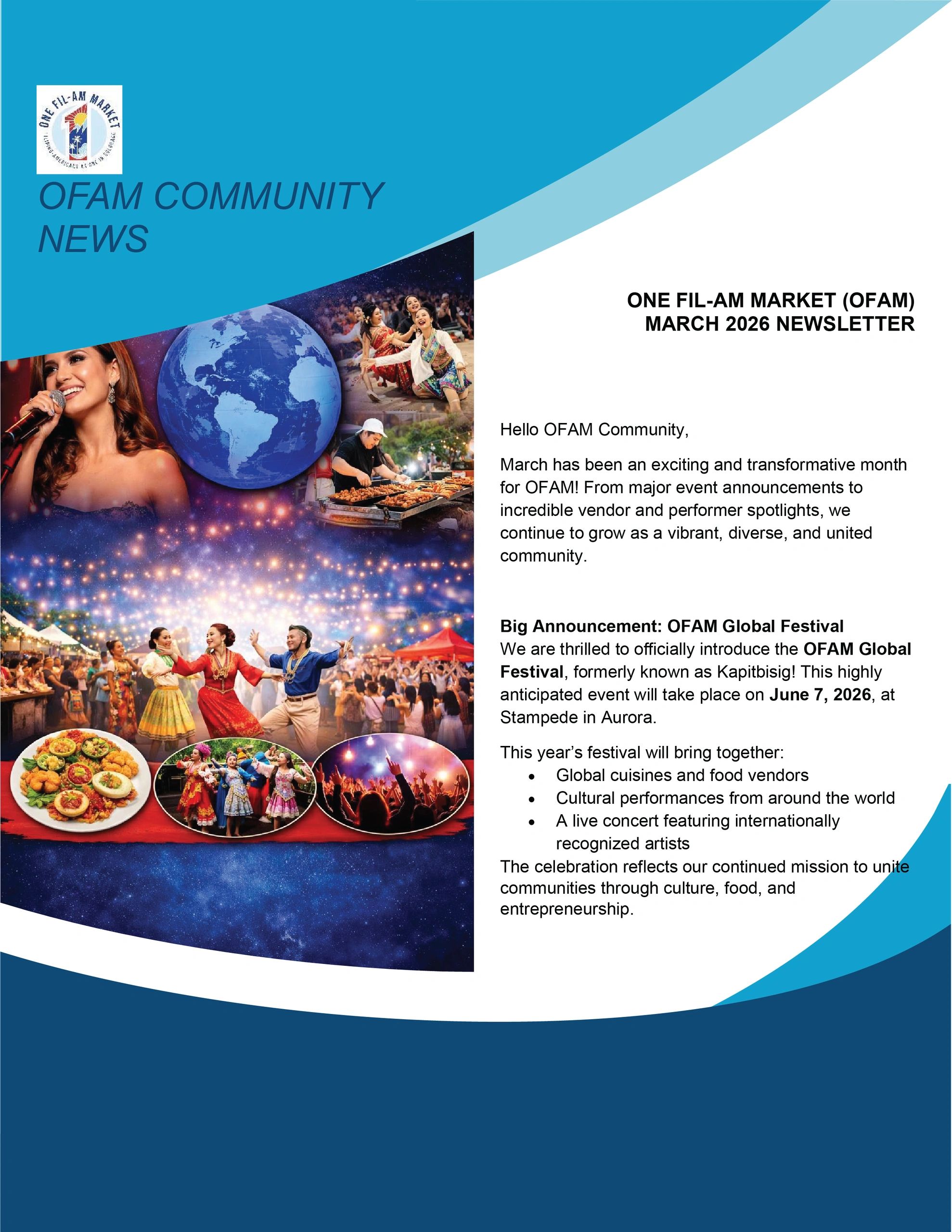 OFAM March 2026 newsletter announcing the OFAM Global Festival on June 7, 2026.