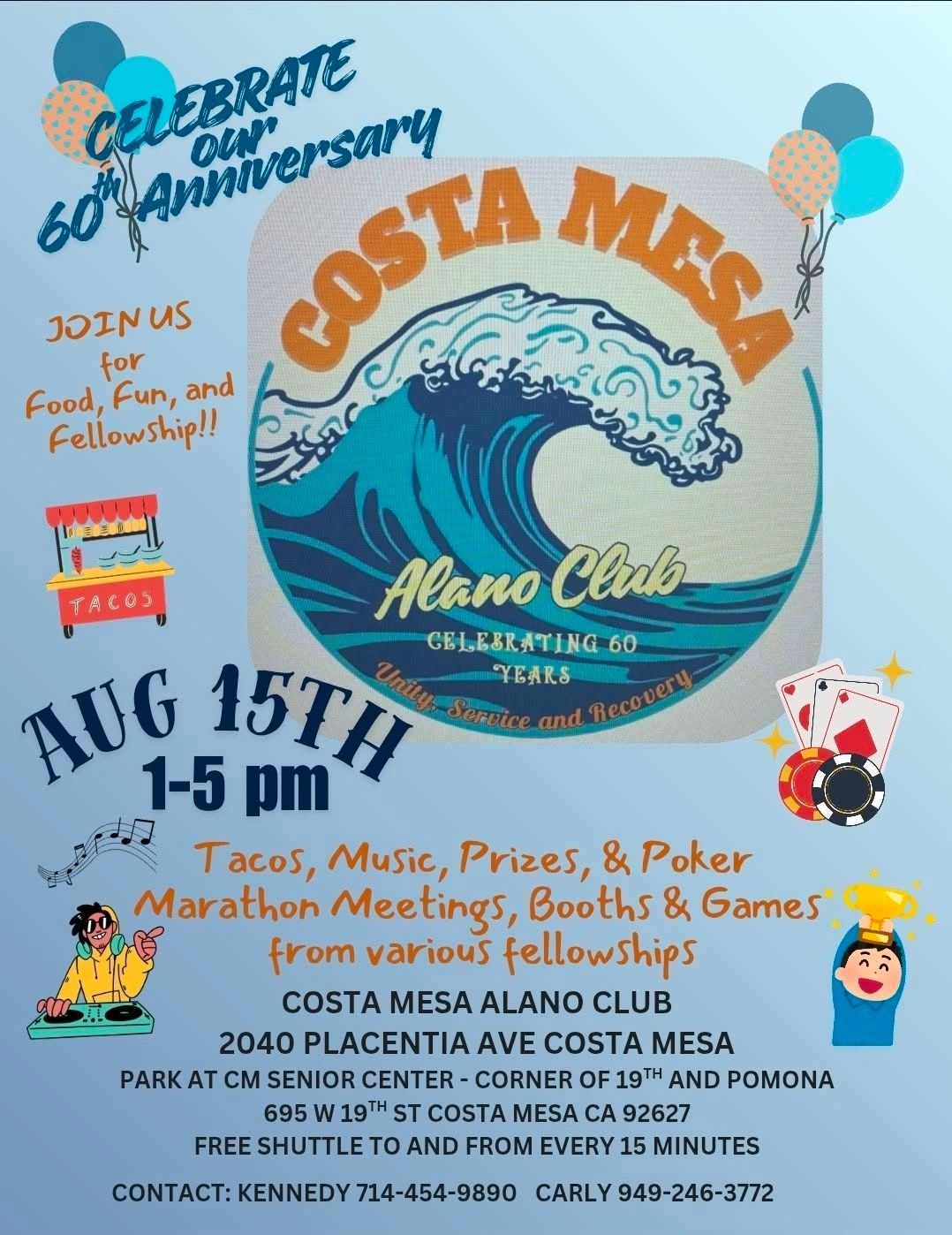 Flyer for Costa Mesa Alano Club 60th Anniversary celebration on Aug 15th.