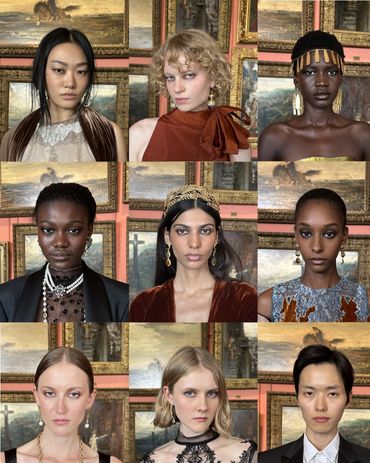 Portraits of diverse fashion models in elegant attire.