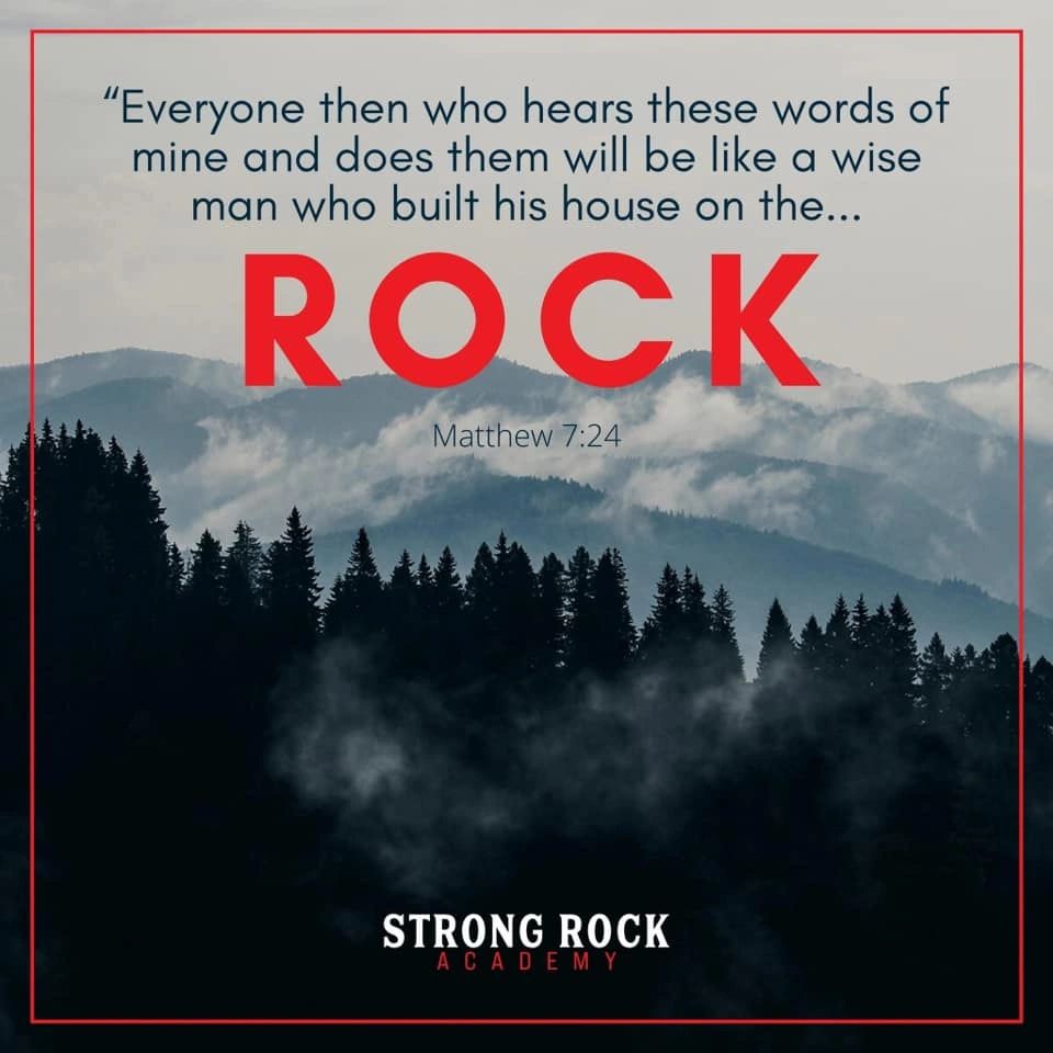 Inspirational biblical quote about building on the rock from Matthew 7:24.
