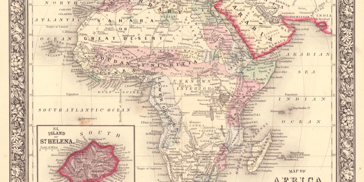 Mitchell's Map of Africa. Hand Colored, steel plate engraving. 1860.