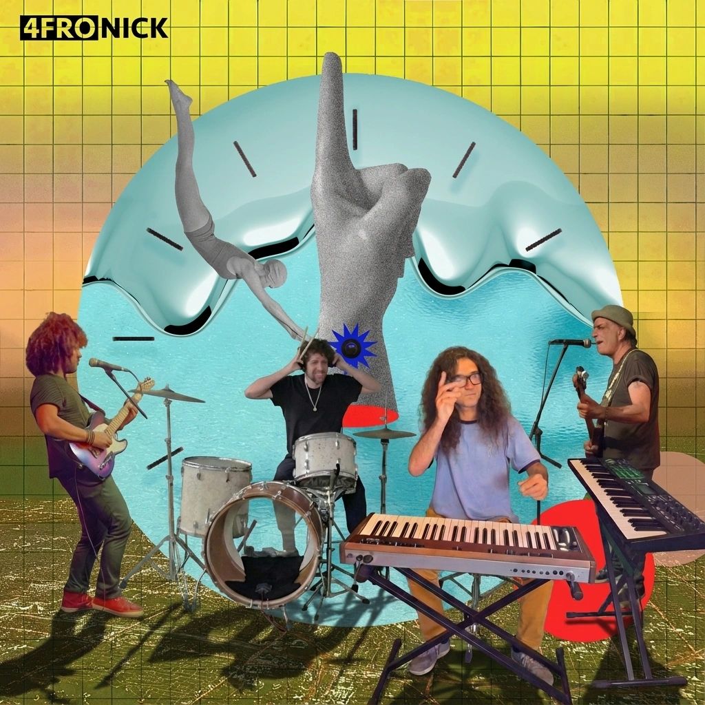 Band performing with surreal clock and diver background in psychedelic style.