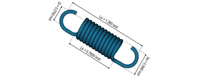3D model of a blue tension spring with labeled dimensions in inches.