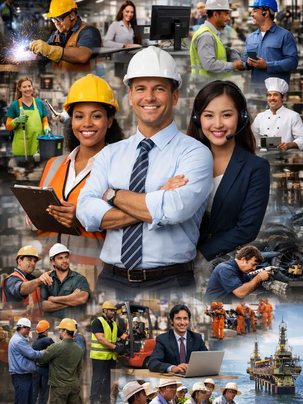 Collage of diverse workers in various industries, including construction, office, agriculture, and oil rig.