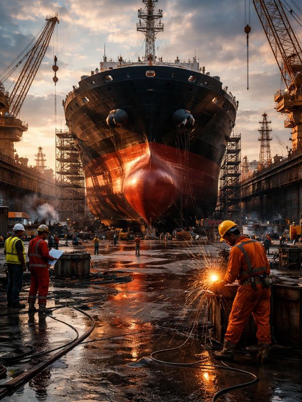 Shipyard workers weld a massive ship hull at sunset.