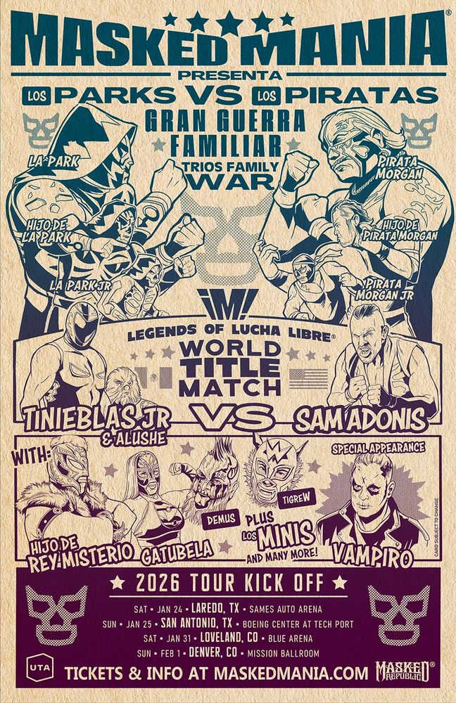 Poster for MaskedMania lucha libre Mexicana 2026 U.S. tour kick off events in TX and CO. 
