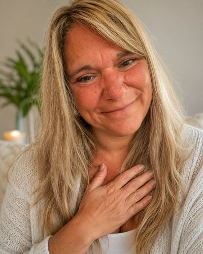 Smiling woman with her hand on her chest.