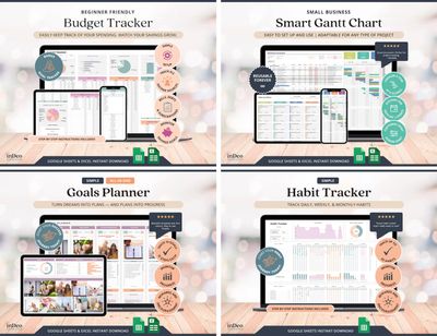 Four digital planners for budgeting, Gantt charts, goal setting, and habit tracking.