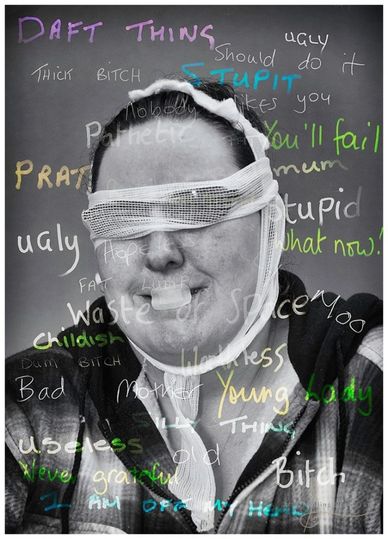 Photo of a woman who has been gagged to stop her talking, with an overlay of abusive comments