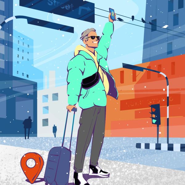 Man hailing a taxi in winter with suitcase and phone.
