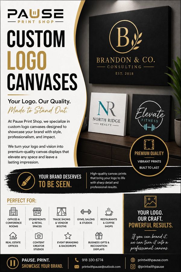 Custom logo canvases by Pause Print Shop to showcase your brand with quality and style.