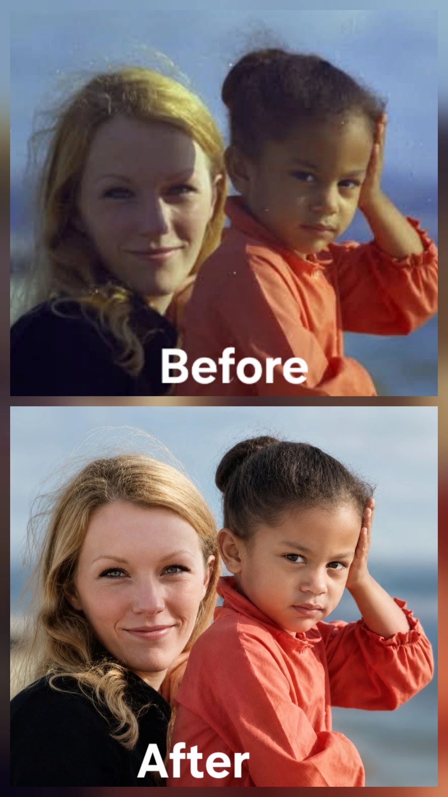 Before and after photo of a woman and child outdoors.