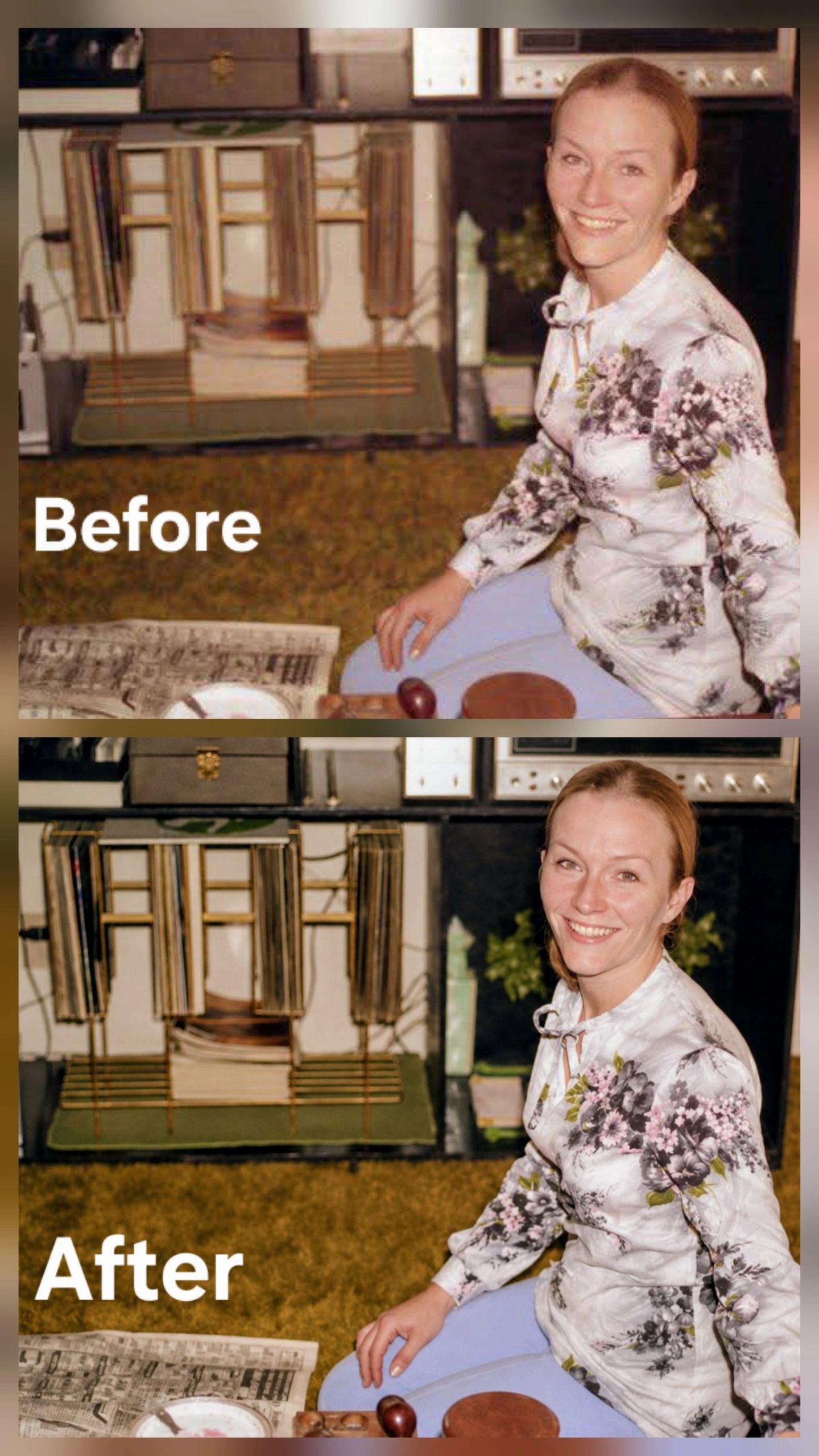 Before and after photo of a woman sitting with a smile.