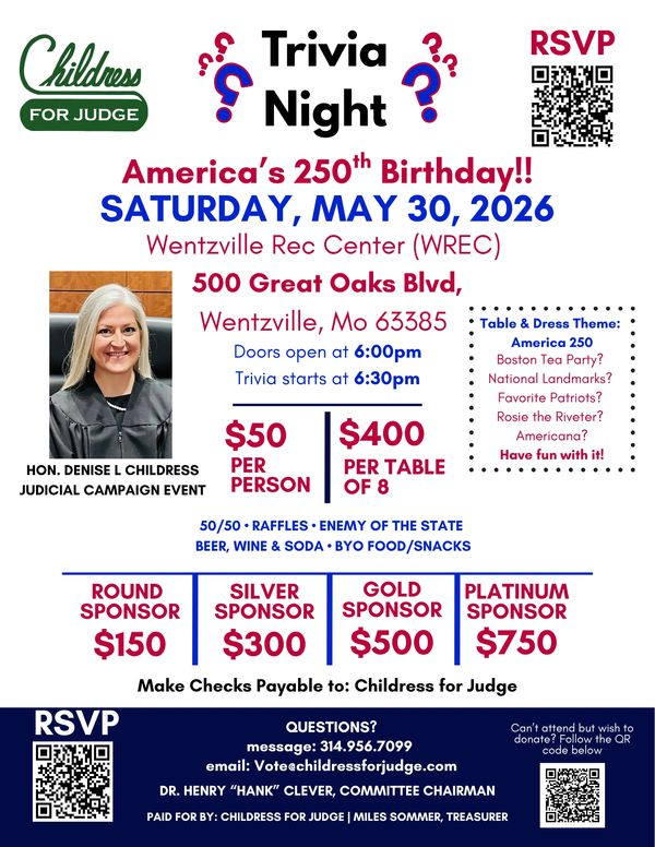 Flyer for Childress for Judge Trivia Night event on May 30, 2026, with sponsorship details and RSVP QR codes.