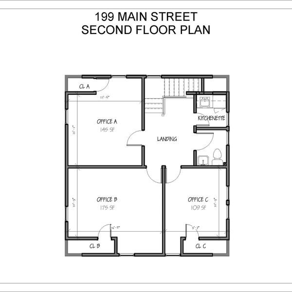 Second floor plan with three offices, kitchenette, and landing area at 199 Main Street.