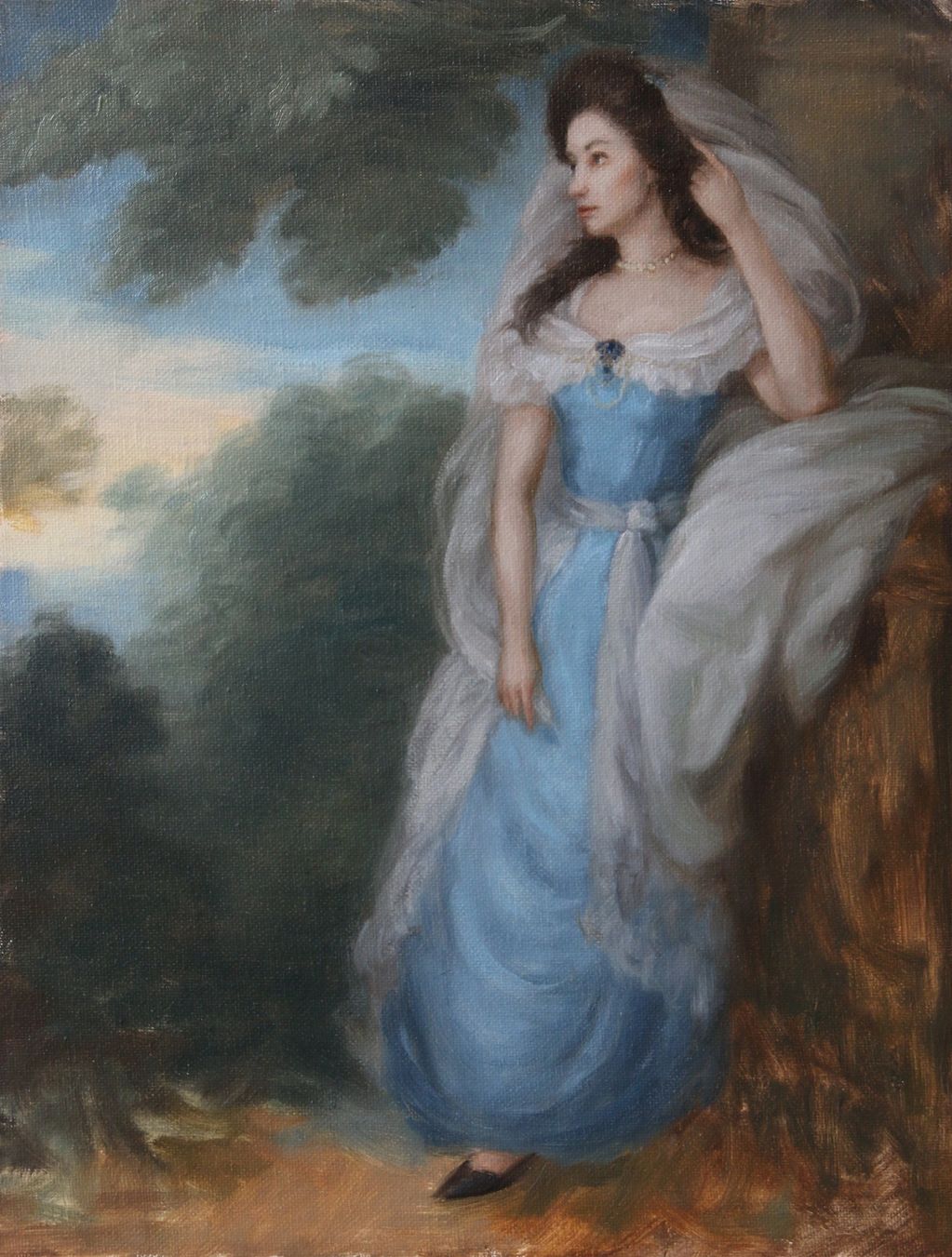 Woman in blue and white dress