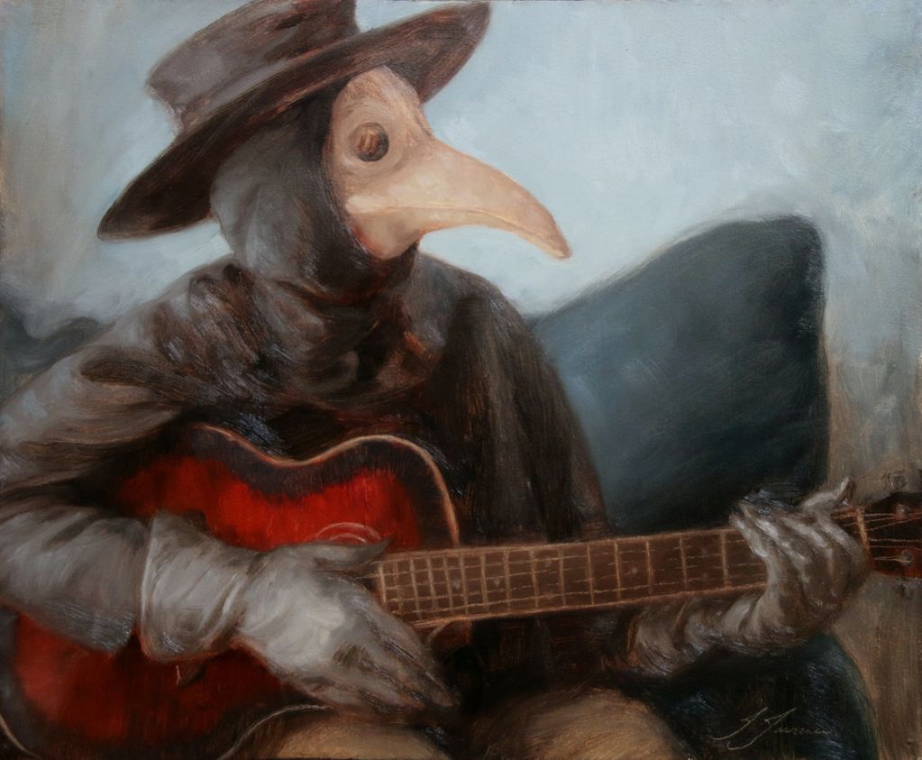 Plague doctor holding an acoustic guitar 