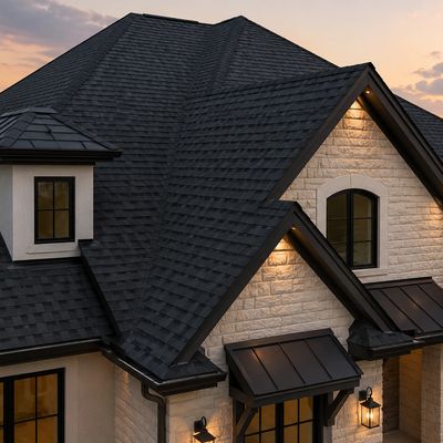 A modern house roof with dark shingles during sunset.