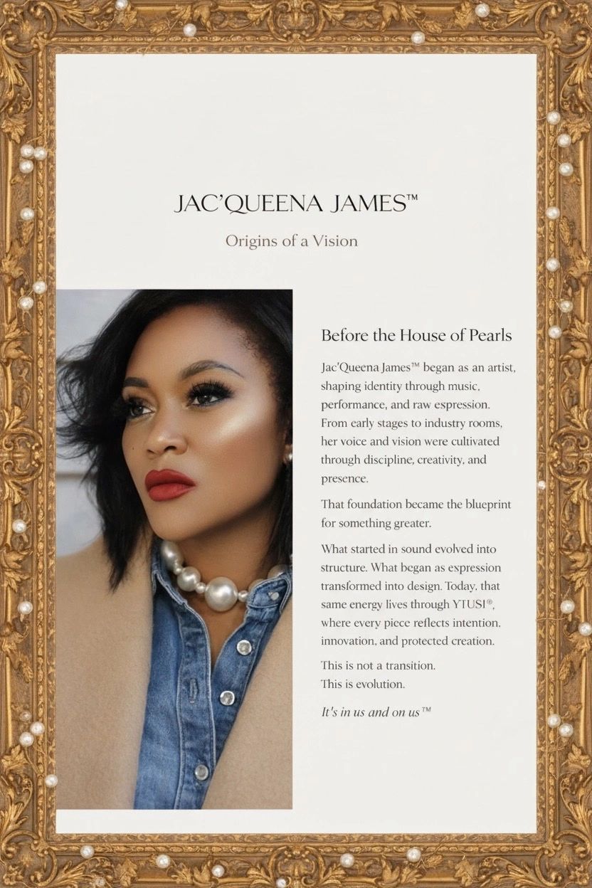 Portrait of Jac’Queena James with a pearl necklace and bold makeup in an ornate frame.