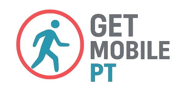 Logo featuring a walking figure inside a red circle with 'GET MOBILE PT' text.