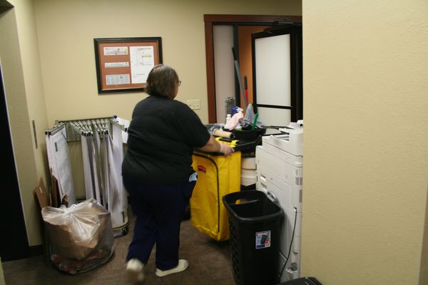 j & f facility services technician cleaning for an office space in lake hallie wisconsin