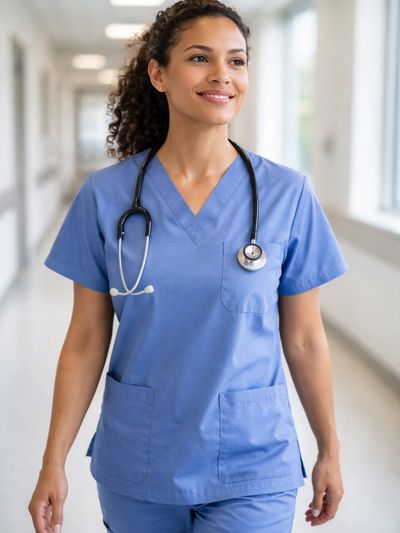 A smiling female nurse in blue scrubs walking down a hospital corridor.