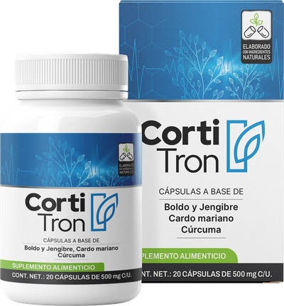 Envase y caja de Cortitron, suplemento alimenticio en cápsulas