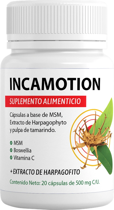 Frasco del suplemento alimenticio Incamotion con 20 cápsulas.