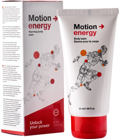 Caja y tubo de 50 ml del bálsamo corporal Motion Energy.