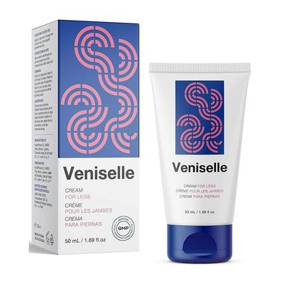 Envase y tubo de la crema Veniselle para el cuidado de las piernas.