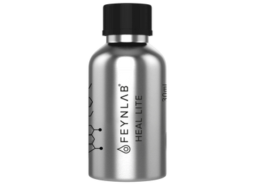 Metallic bottle of Feynlab Heal Lite 30ml product with black cap.