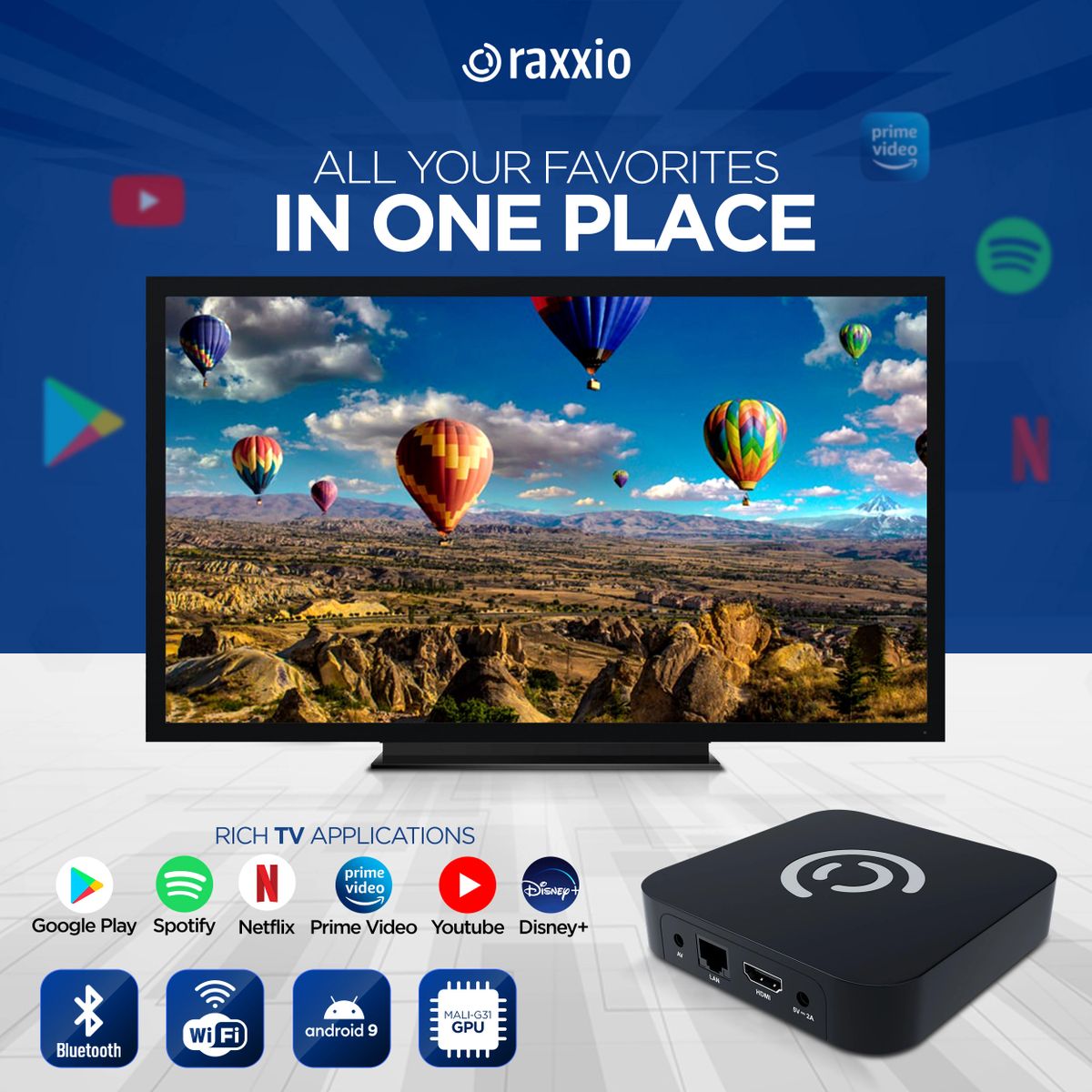 Raxxio Android TV Box - RAX2100 Android 9.0, Ultra HD 4K 75fps, 4GB RAM, 64  GB ROM,