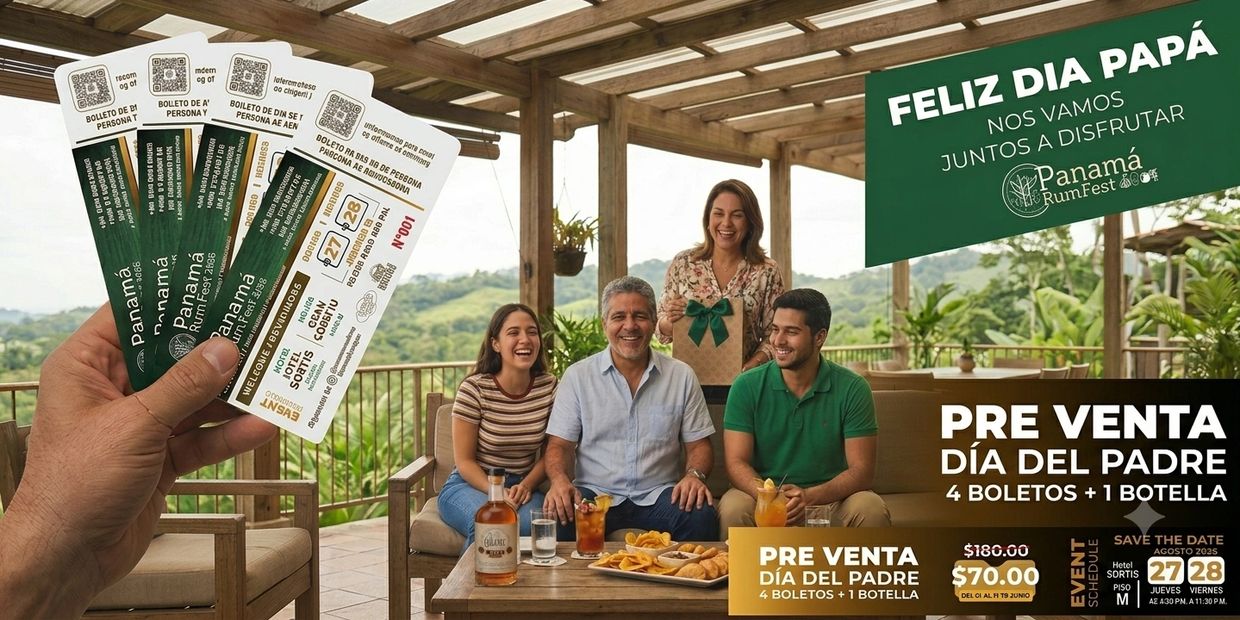 Familia celebrando el Día del Padre con boletos para Panamá Rum Fest y una botella.