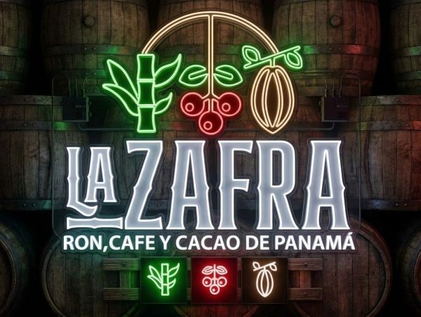 Neon sign for La Zafra rum, coffee, and cacao from Panama.