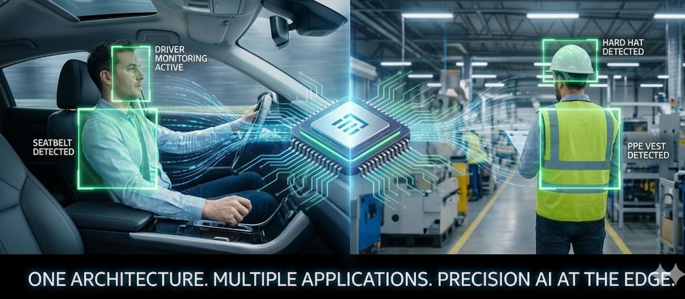 AI-powered monitoring detects driver safety and industrial PPE compliance simultaneously.