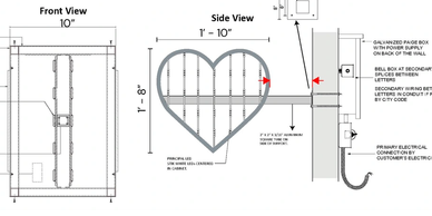 Detailed technical drawing of a heart-shaped light fixture with electrical wiring.
